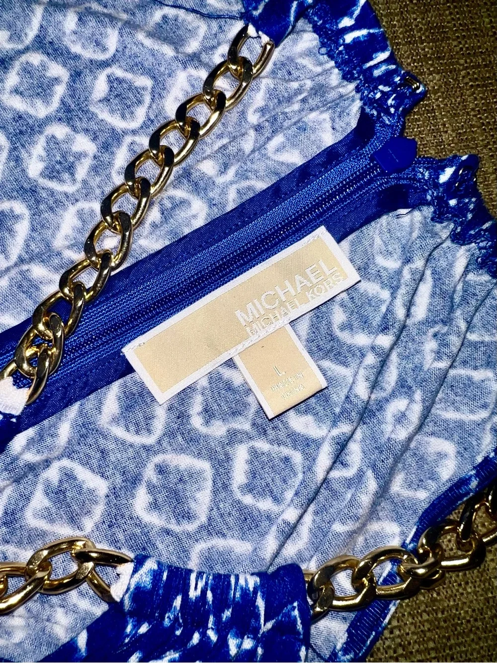 Michael Kors Blue Printed Halter Dress with Gold Chain Detail